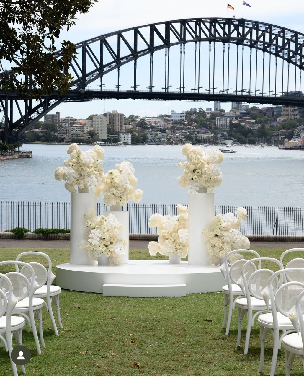 Tarpein Lawn, cylinder pedestals, riser - Outdoor Wedding Aisles Sydney Harbour bridge Views for outdoor wedding